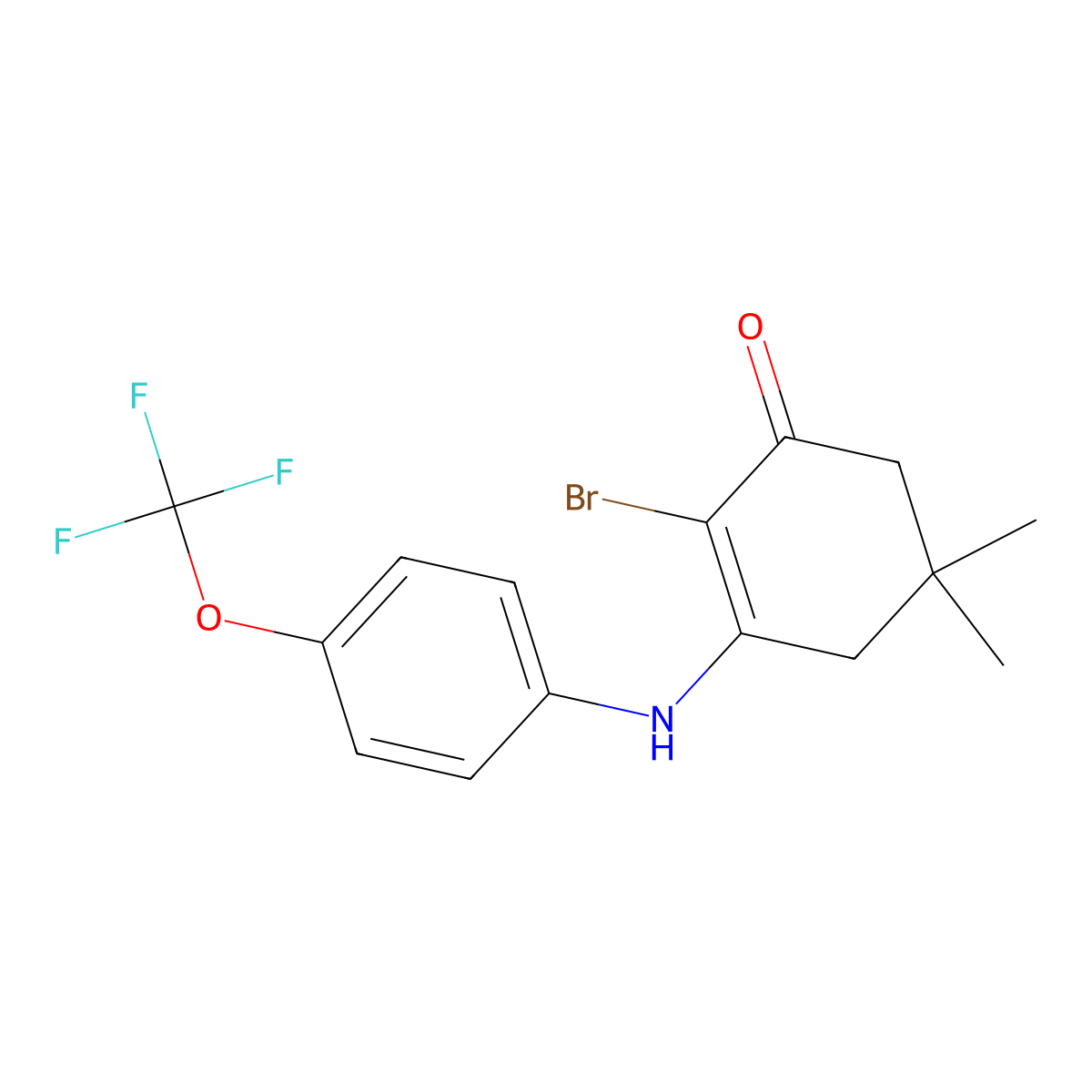 2-Bromo-5,5-dimethyl-3-((4-(trifluoromethoxy)phenyl)amino)cyclohex-2-EN-1-one molecular structure, CAS 1024074-55-2