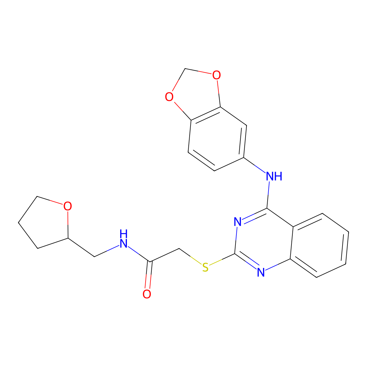 2-[4-(1,3-benzodioxol-5-ylamino)quinazolin-2-yl]sulfanyl-N-(oxolan-2-ylmethyl)acetamide molecular structure, CAS 1024112-73-9
