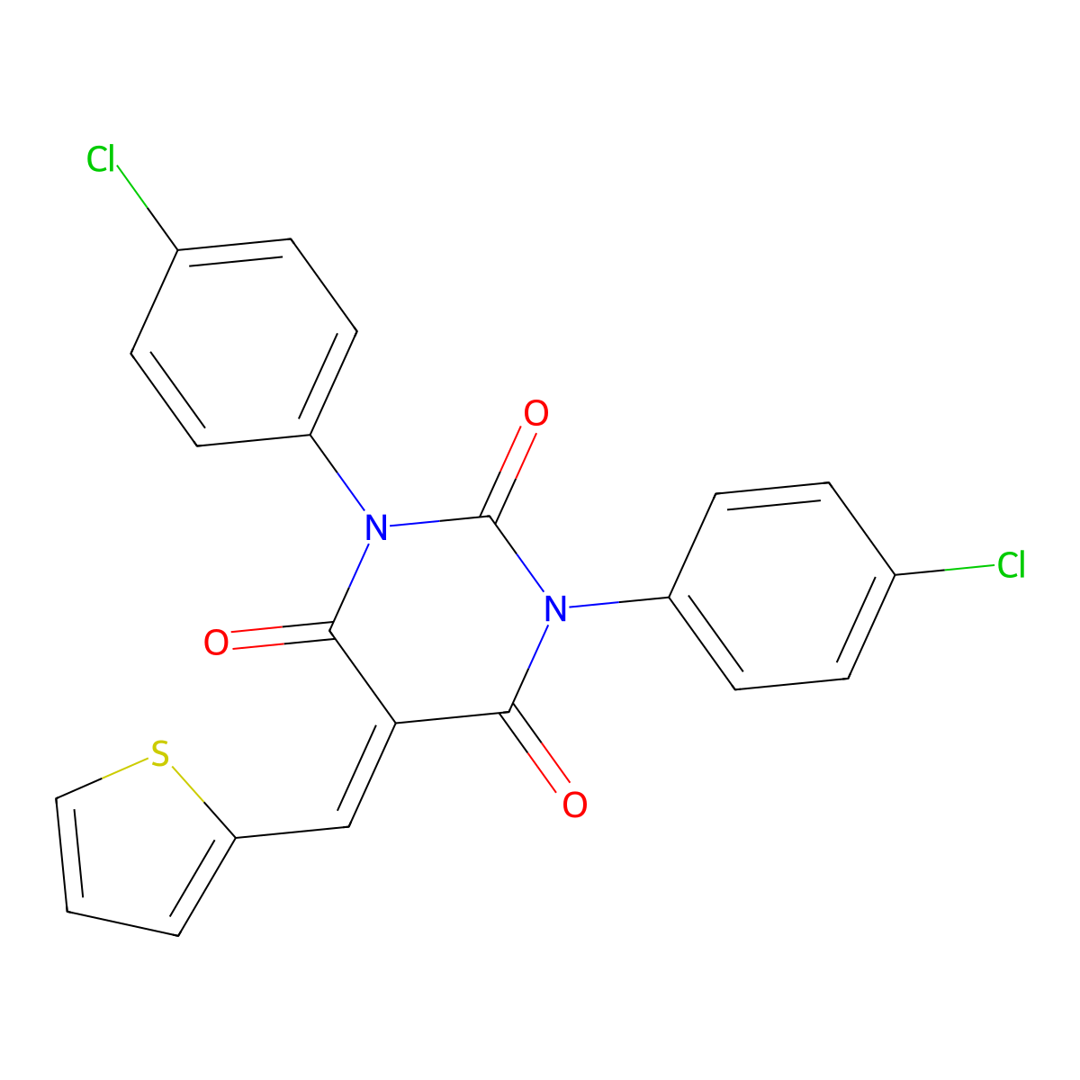 1,3-Bis(4-chlorophenyl)-5-(thiophen-2-ylmethylidene)-1,3-diazinane-2,4,6-trione molecular structure, CAS 1024126-84-8