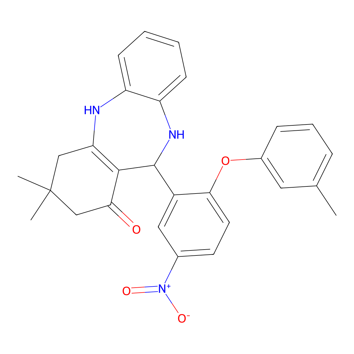 9,9-dimethyl-6-[2-(3-methylphenoxy)-5-nitrophenyl]-6,8,10,11-tetrahydro-5H-benzo[b][1,4]benzodiazepin-7-one molecular structure, CAS 1024154-43-5