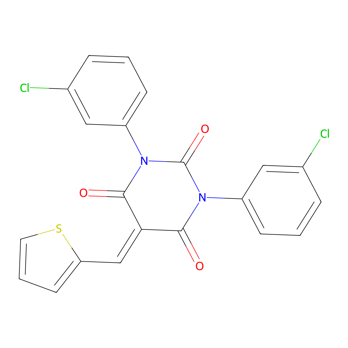 1,3-Bis(3-chlorophenyl)-5-(thiophen-2-ylmethylidene)-1,3-diazinane-2,4,6-trione molecular structure, CAS 1024175-36-7