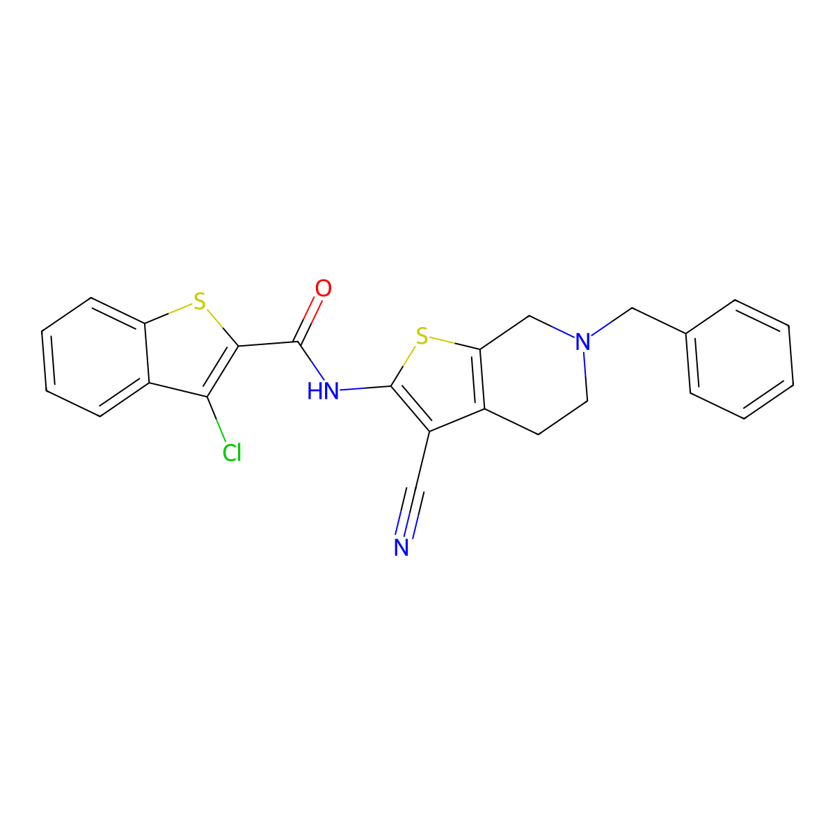 N-(6-Benzyl-3-cyano-4,5,6,7-tetrahydrothieno[2,3-c]pyridin-2-yl)-3-chlorobenzo[b]thiophene-2-carboxamide molecular structure, CAS 1024203-37-9