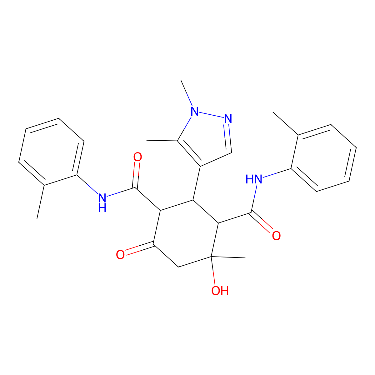 2-(1,5-dimethyl-1H-pyrazol-4-yl)-4-hydroxy-4-methyl-N,N'-bis(2-methylphenyl)-6-oxocyclohexane-1,3-dicarboxamide molecular structure, CAS 1024218-30-1