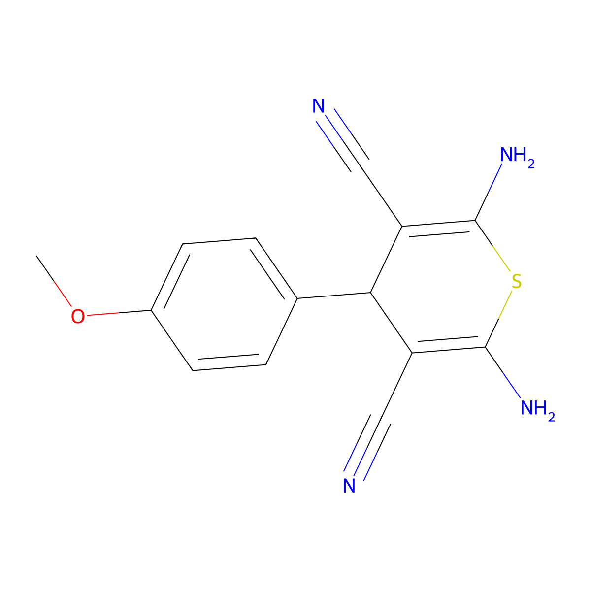 2,6-diamino-4-(4-methoxyphenyl)-4H-thiopyran-3,5-dicarbonitrile molecular structure, CAS 102423-74-5