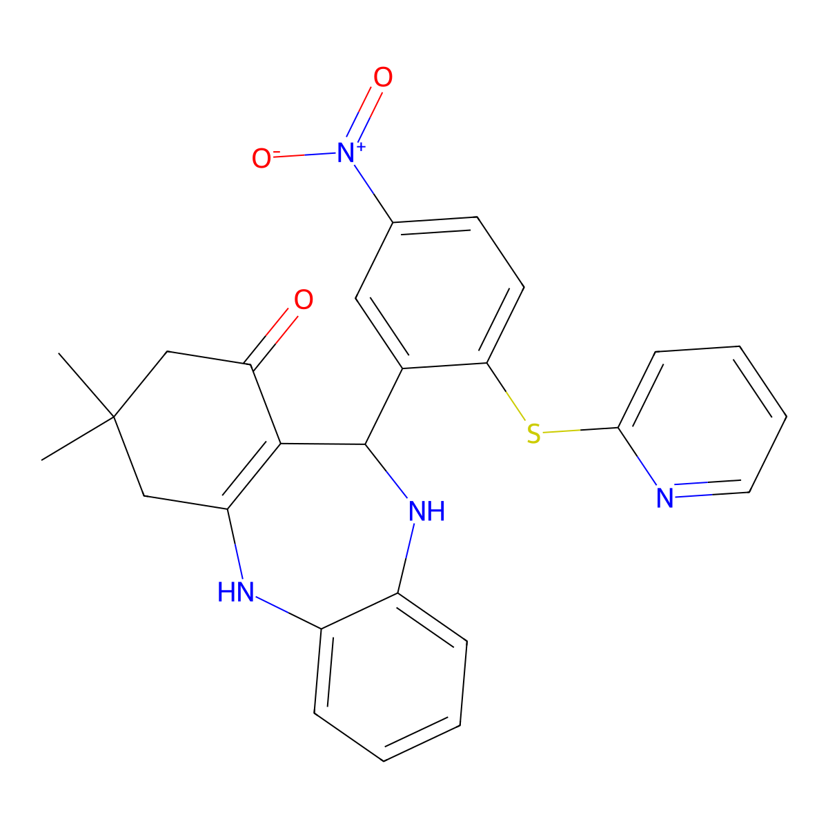 9,9-dimethyl-6-(5-nitro-2-pyridin-2-ylsulfanylphenyl)-6,8,10,11-tetrahydro-5H-benzo[b][1,4]benzodiazepin-7-one molecular structure, CAS 1024264-29-6