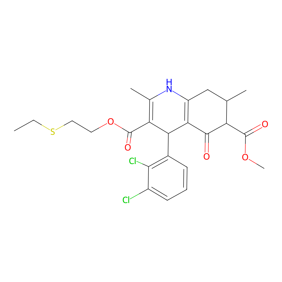 3-[2-(Ethylsulfanyl)ethyl] 6-methyl 4-(2,3-dichlorophenyl)-2,7-dimethyl-5-oxo-1,4,5,6,7,8-hexahydroquinoline-3,6-dicarboxylate molecular structure, CAS 1024266-99-6