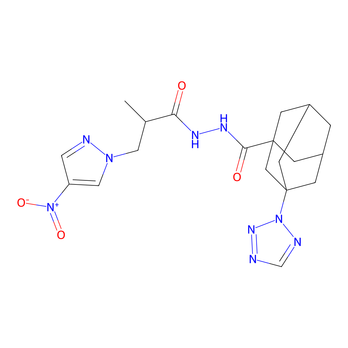 N'-[2-methyl-3-(4-nitropyrazol-1-yl)propanoyl]-3-(tetrazol-2-yl)adamantane-1-carbohydrazide molecular structure, CAS 1024285-11-7