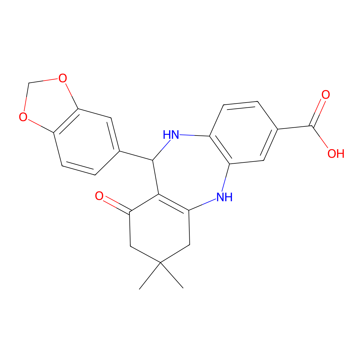 6-(1,3-benzodioxol-5-yl)-9,9-dimethyl-7-oxo-6,8,10,11-tetrahydro-5H-benzo[b][1,4]benzodiazepine-2-carboxylic acid molecular structure, CAS 1024289-56-2