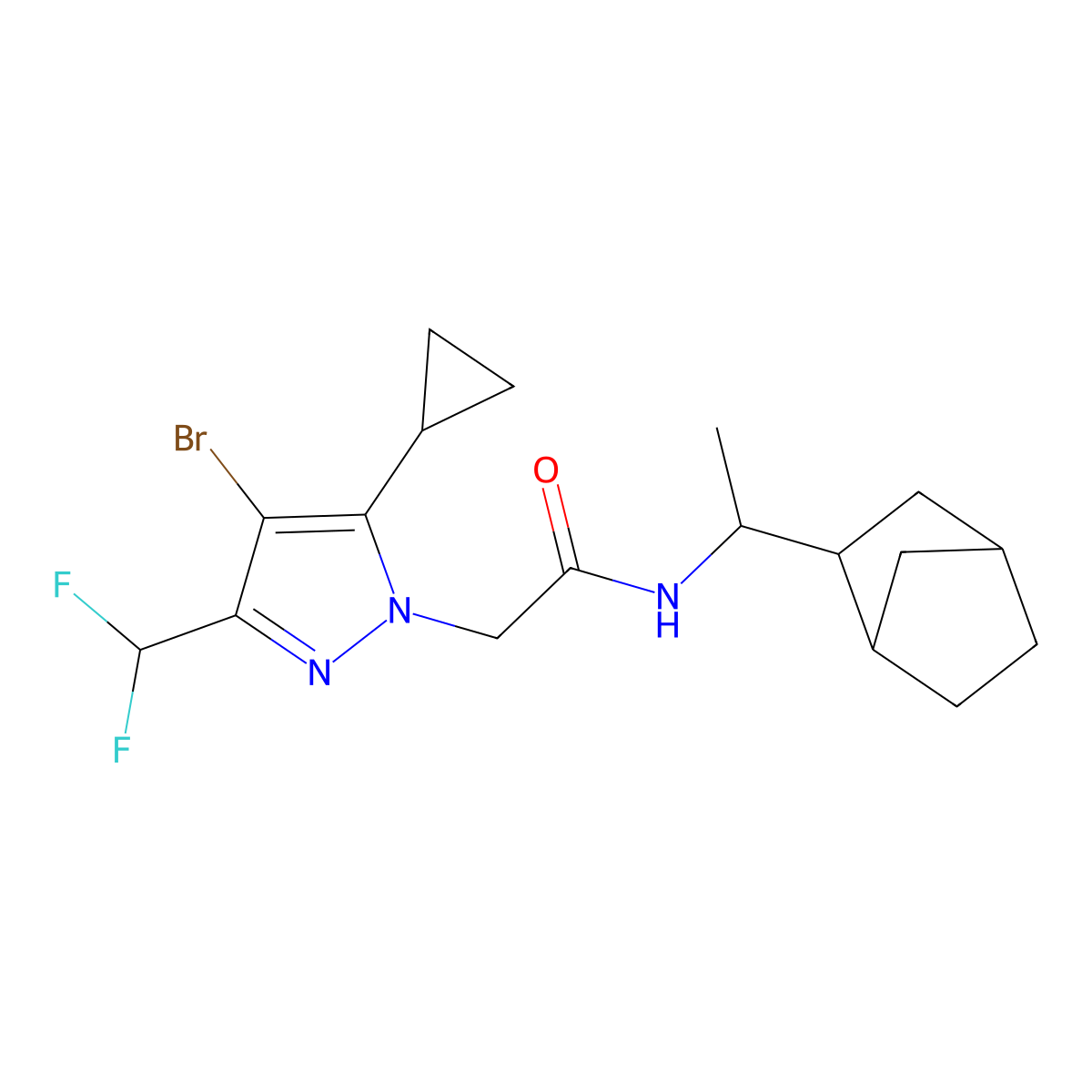 N-[1-(3-bicyclo[2.2.1]heptanyl)ethyl]-2-[4-bromo-5-cyclopropyl-3-(difluoromethyl)pyrazol-1-yl]acetamide molecular structure, CAS 1024303-97-6