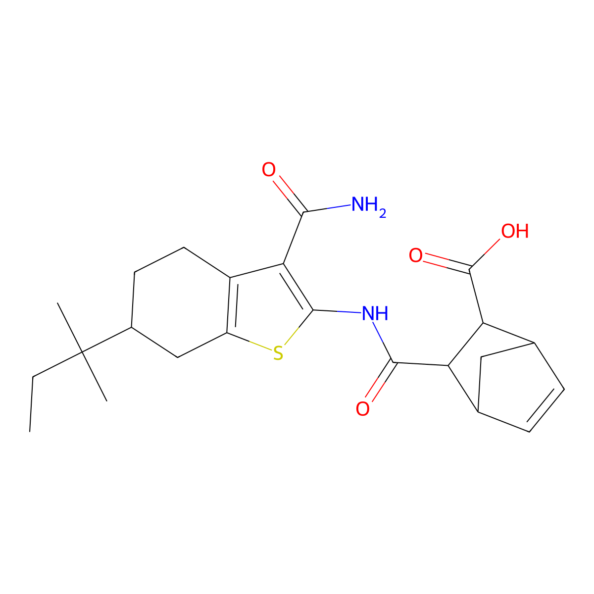 3-{[3-Carbamoyl-6-(2-methylbutan-2-yl)-4,5,6,7-tetrahydro-1-benzothiophen-2-yl]carbamoyl}bicyclo[2.2.1]hept-5-ene-2-carboxylic acid molecular structure, CAS 1024309-77-0