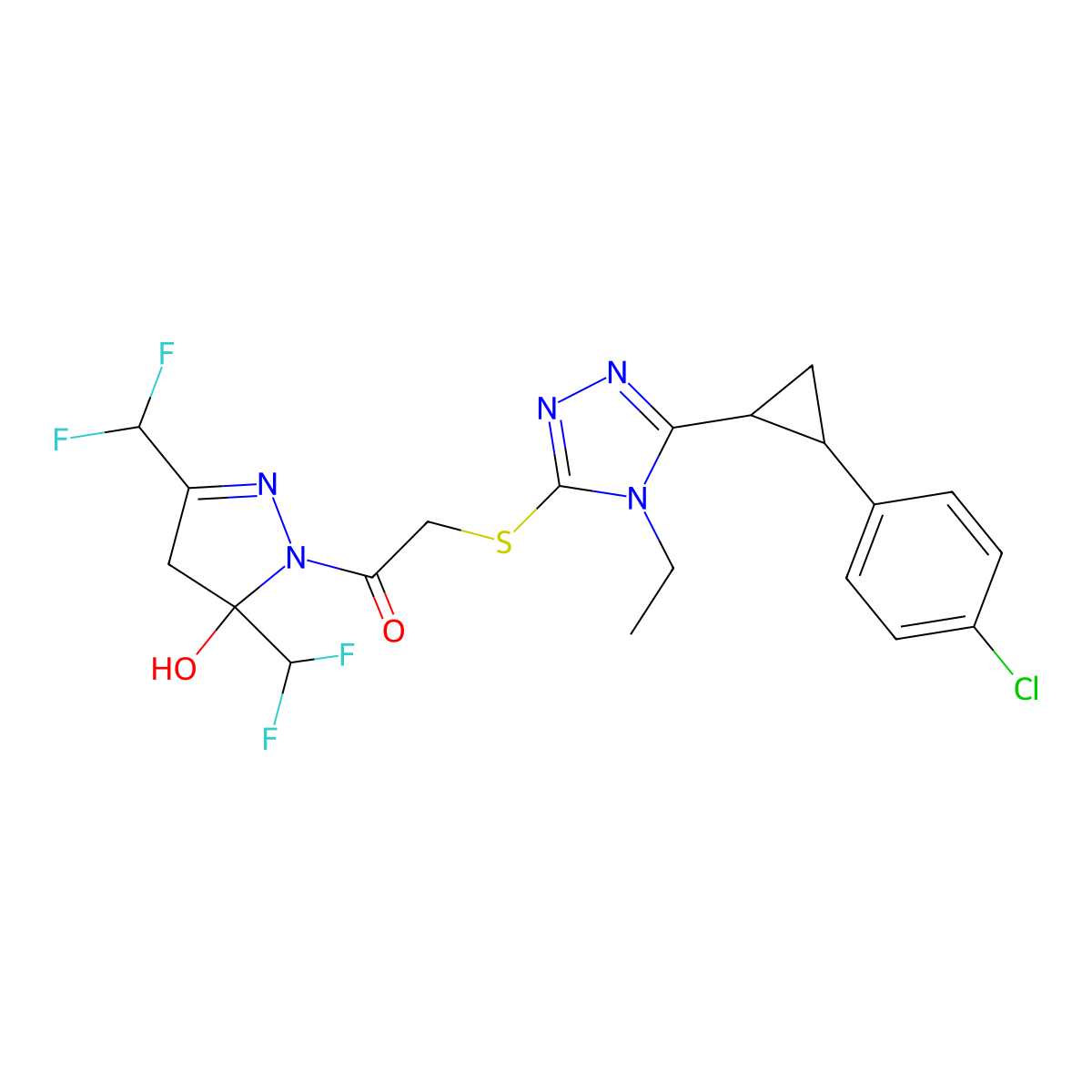 1-[3,5-bis(difluoromethyl)-5-hydroxy-4H-pyrazol-1-yl]-2-[[5-[2-(4-chlorophenyl)cyclopropyl]-4-ethyl-1,2,4-triazol-3-yl]sulfanyl]ethanone molecular structure, CAS 1024310-84-6