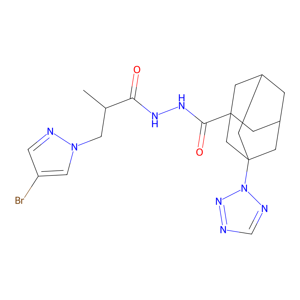 N'-[3-(4-bromopyrazol-1-yl)-2-methylpropanoyl]-3-(tetrazol-2-yl)adamantane-1-carbohydrazide molecular structure, CAS 1024311-19-0