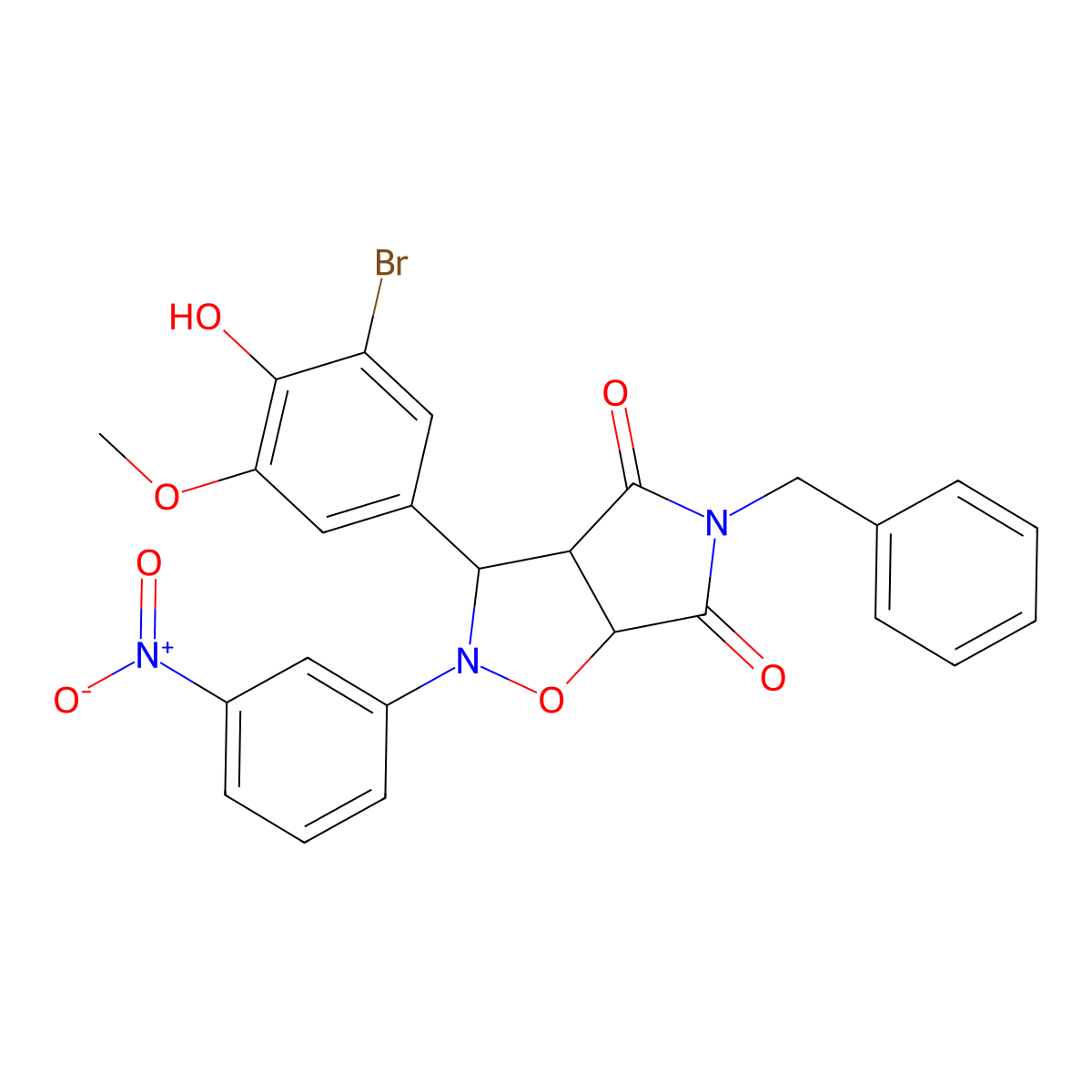 5-benzyl-3-(3-bromo-4-hydroxy-5-methoxyphenyl)-2-(3-nitrophenyl)dihydro-2H-pyrrolo[3,4-d][1,2]oxazole-4,6(3H,5H)-dione molecular structure, CAS 1024312-24-0