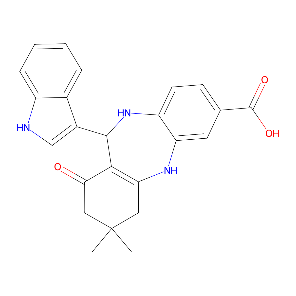 6-(1H-indol-3-yl)-9,9-dimethyl-7-oxo-6,8,10,11-tetrahydro-5H-benzo[b][1,4]benzodiazepine-2-carboxylic acid molecular structure, CAS 1024355-02-9