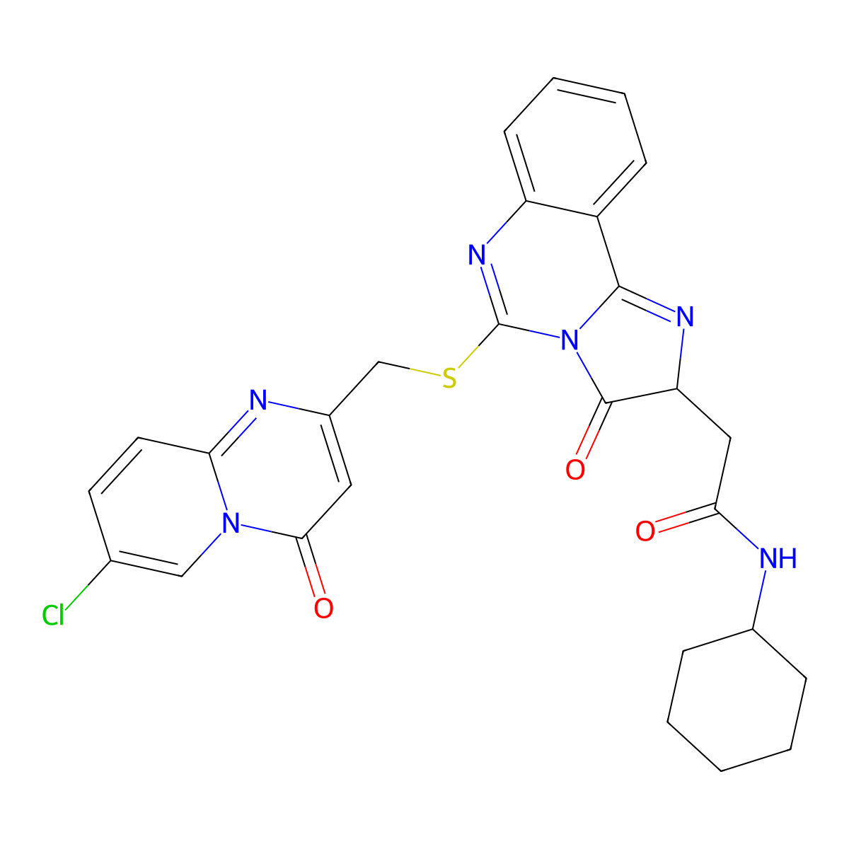 2-[5-[(7-chloro-4-oxopyrido[1,2-a]pyrimidin-2-yl)methylsulfanyl]-3-oxo-2H-imidazo[1,2-c]quinazolin-2-yl]-N-cyclohexylacetamide molecular structure, CAS 1024356-23-7