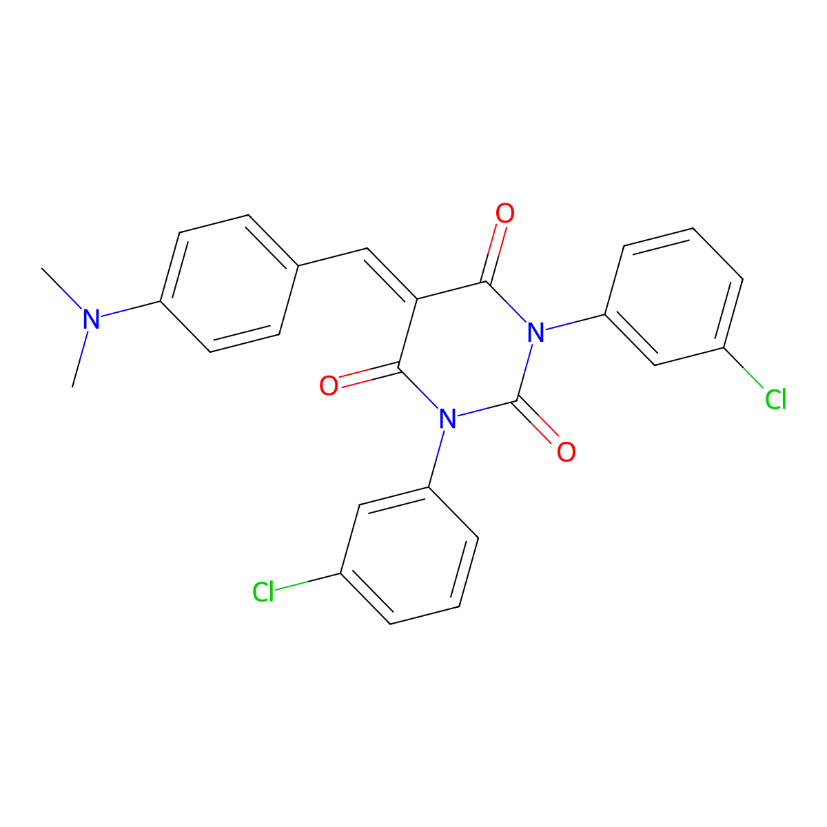 1,3-Bis(3-chlorophenyl)-5-((4-(dimethylamino)phenyl)methylene)-1,3-diazaperhydroine-2,4,6-trione molecular structure, CAS 1024388-14-4