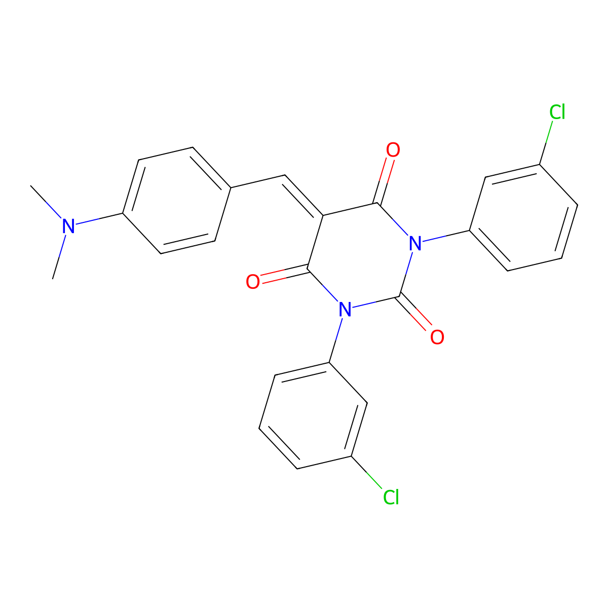 1,3-Bis(3-chlorophenyl)-5-((4-(dimethylamino)phenyl)methylene)-1,3-diazaperhydroine-2,4,6-trione molecular structure, CAS 1024388-14-4