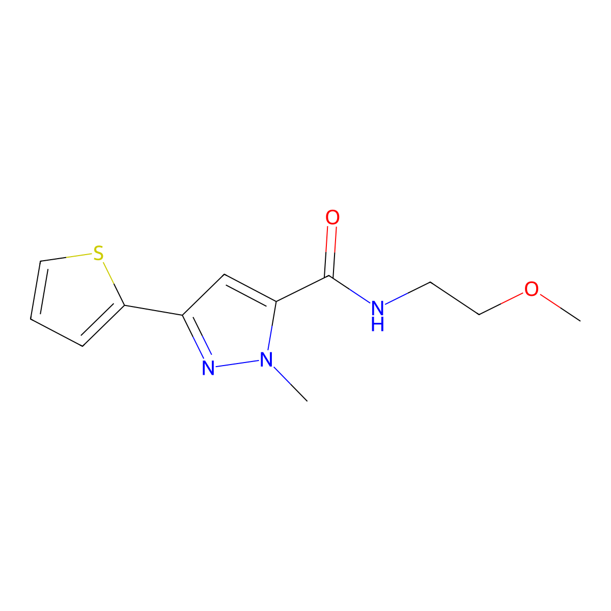 N-(2-methoxyethyl)-1-methyl-3-(thiophen-2-yl)-1H-pyrazole-5-carboxamide molecular structure, CAS 1024495-96-2