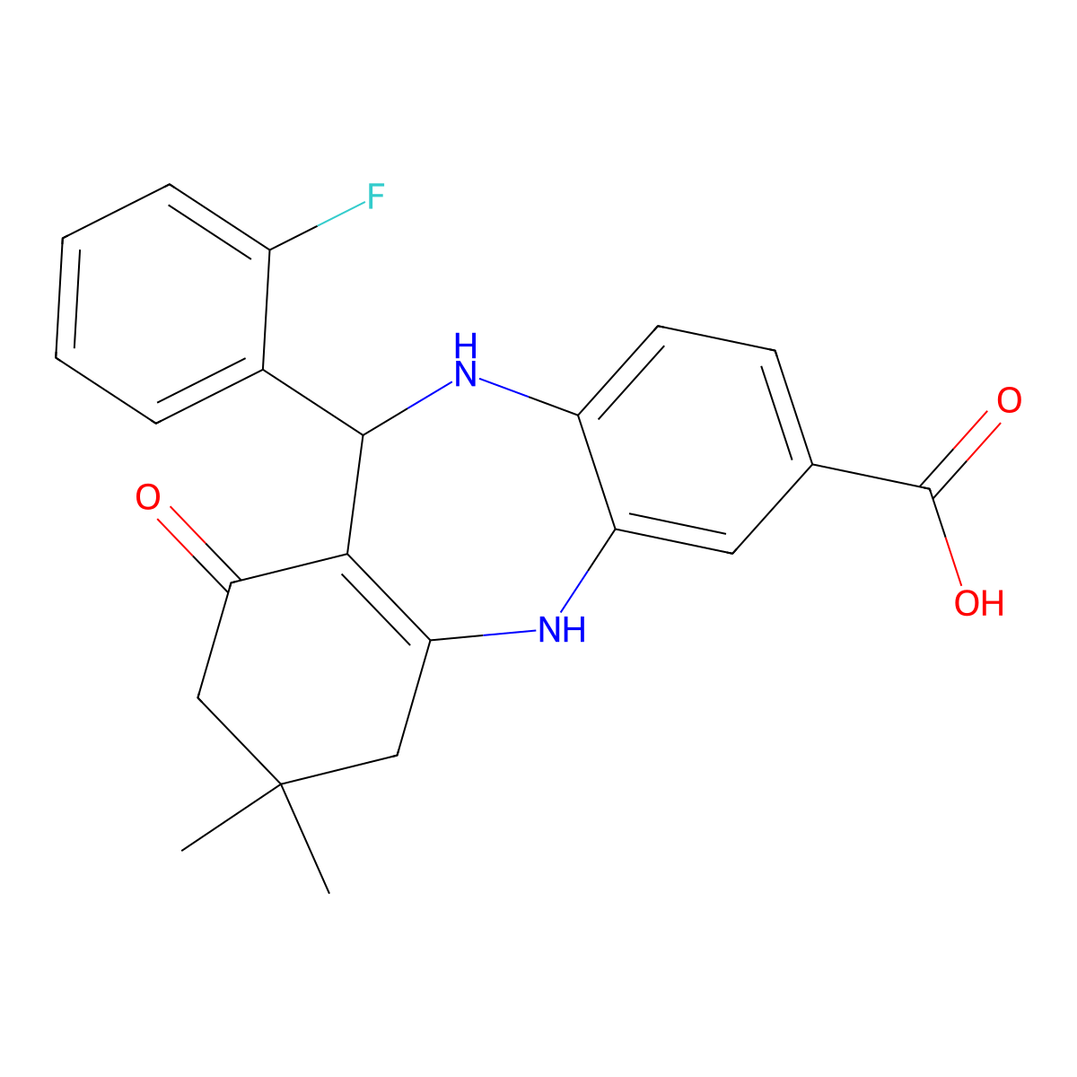 6-(2-fluorophenyl)-9,9-dimethyl-7-oxo-6,8,10,11-tetrahydro-5H-benzo[b][1,4]benzodiazepine-2-carboxylic acid molecular structure, CAS 1024514-99-5