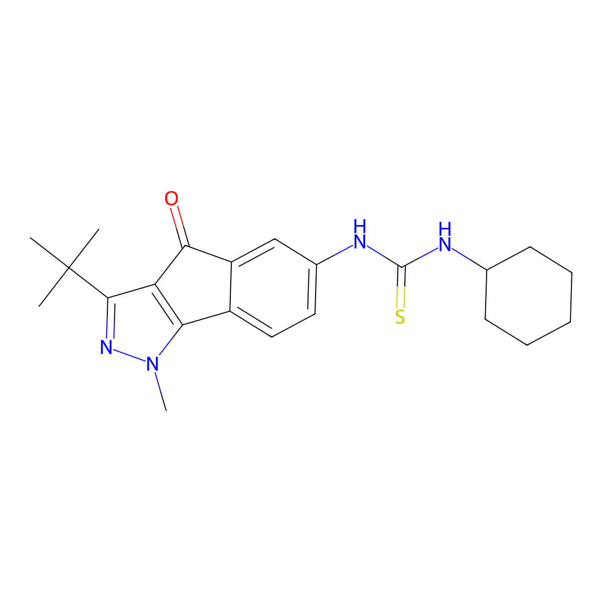 3-(Tert-butyl)-6-(((cyclohexylamino)thioxomethyl)amino)-1-methylindeno[2,3-D]pyrazol-4-one molecular structure, CAS 1024523-18-9