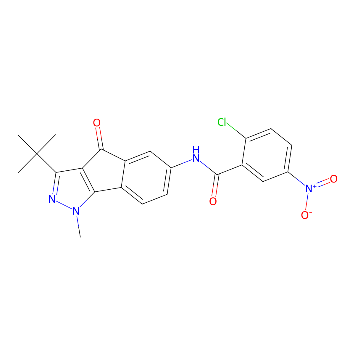 N-(3-(Tert-butyl)-1-methyl-4-oxoindeno[2,3-D]pyrazol-6-YL)(2-chloro-5-nitrophenyl)formamide molecular structure, CAS 1024523-21-4