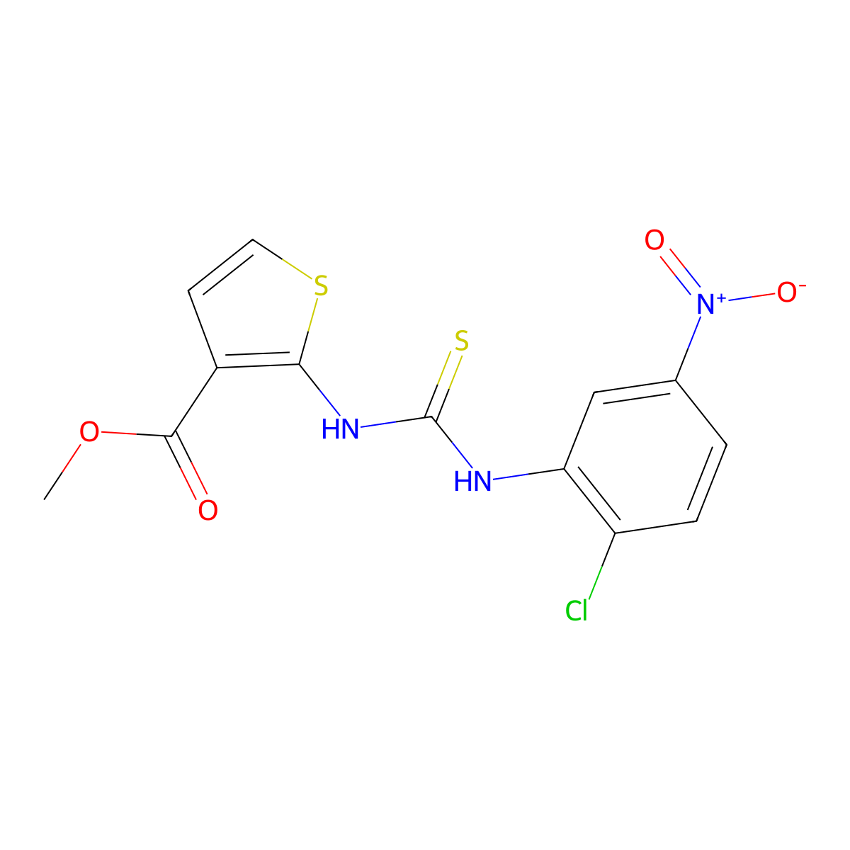 Methyl 2-((((2-chloro-5-nitrophenyl)amino)thioxomethyl)amino)thiophene-3-carboxylate molecular structure, CAS 1024572-87-9