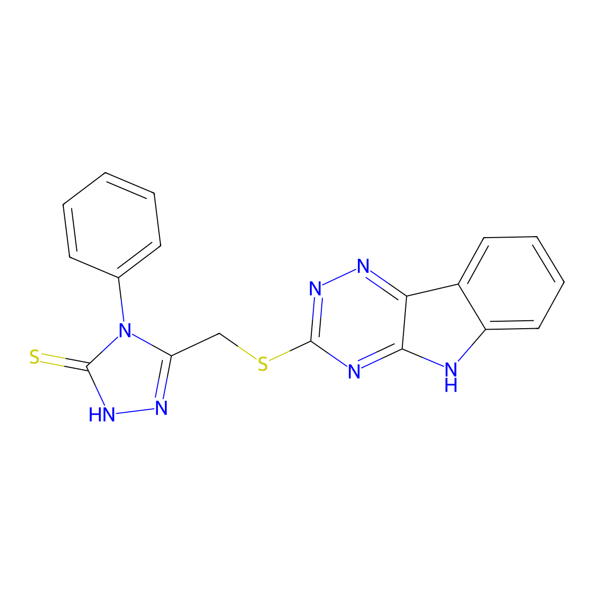 4-phenyl-3-(5H-[1,2,4]triazino[5,6-b]indol-3-ylsulfanylmethyl)-1H-1,2,4-triazole-5-thione molecular structure, CAS 1024582-10-2