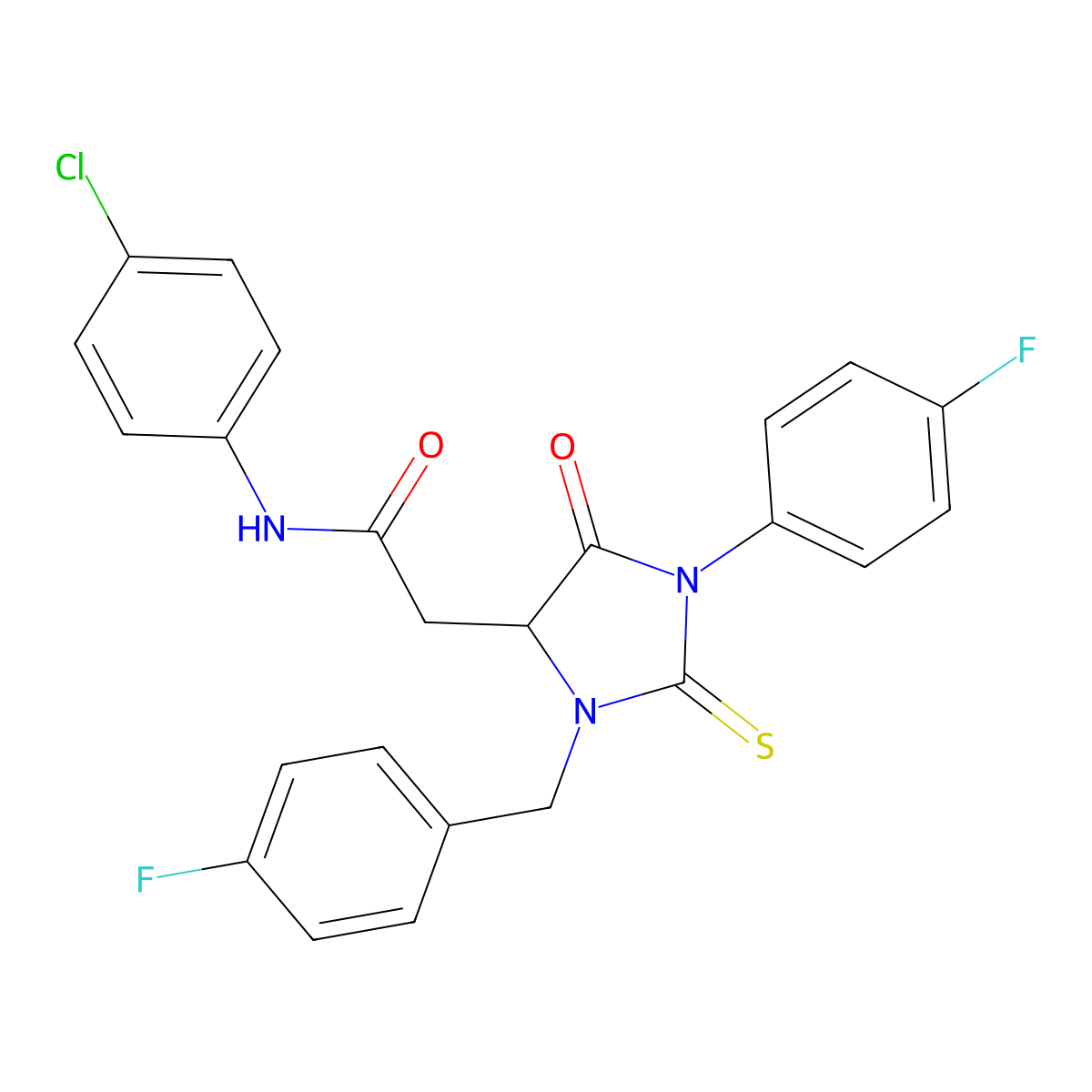 N-(4-chlorophenyl)-2-[3-(4-fluorobenzyl)-1-(4-fluorophenyl)-5-oxo-2-thioxoimidazolidin-4-yl]acetamide molecular structure, CAS 1024592-81-1