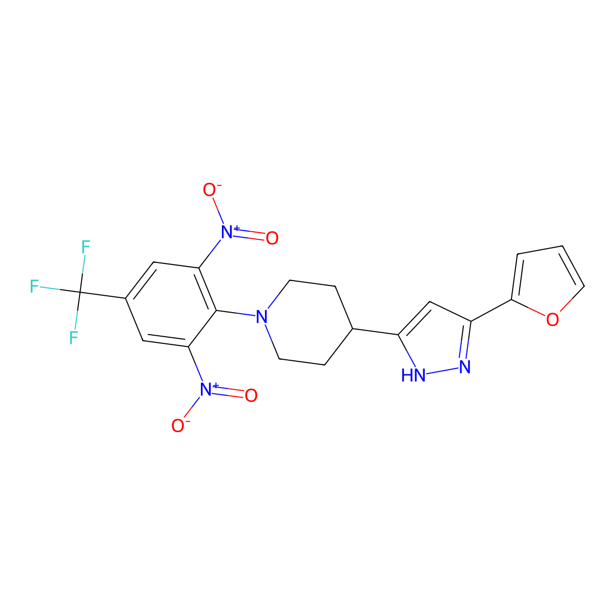 1-[2,6-dinitro-4-(trifluoromethyl)phenyl]-4-[5-(2-furyl)-1H-pyrazol-3-yl]piperidine molecular structure, CAS 1024592-82-2