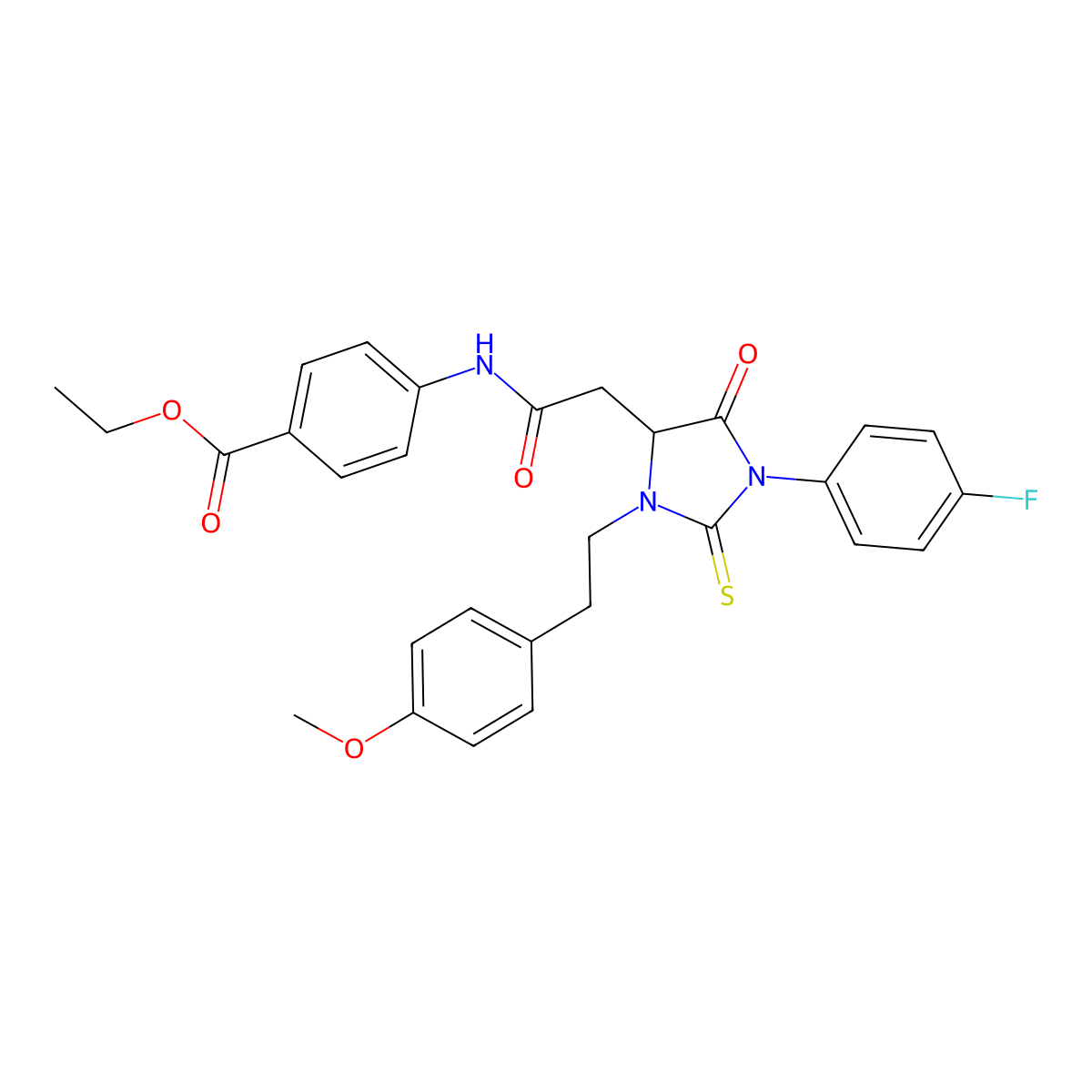 Ethyl 4-[({1-(4-fluorophenyl)-3-[2-(4-methoxyphenyl)ethyl]-5-oxo-2-thioxoimidazolidin-4-yl}acetyl)amino]benzoate molecular structure, CAS 1024592-84-4