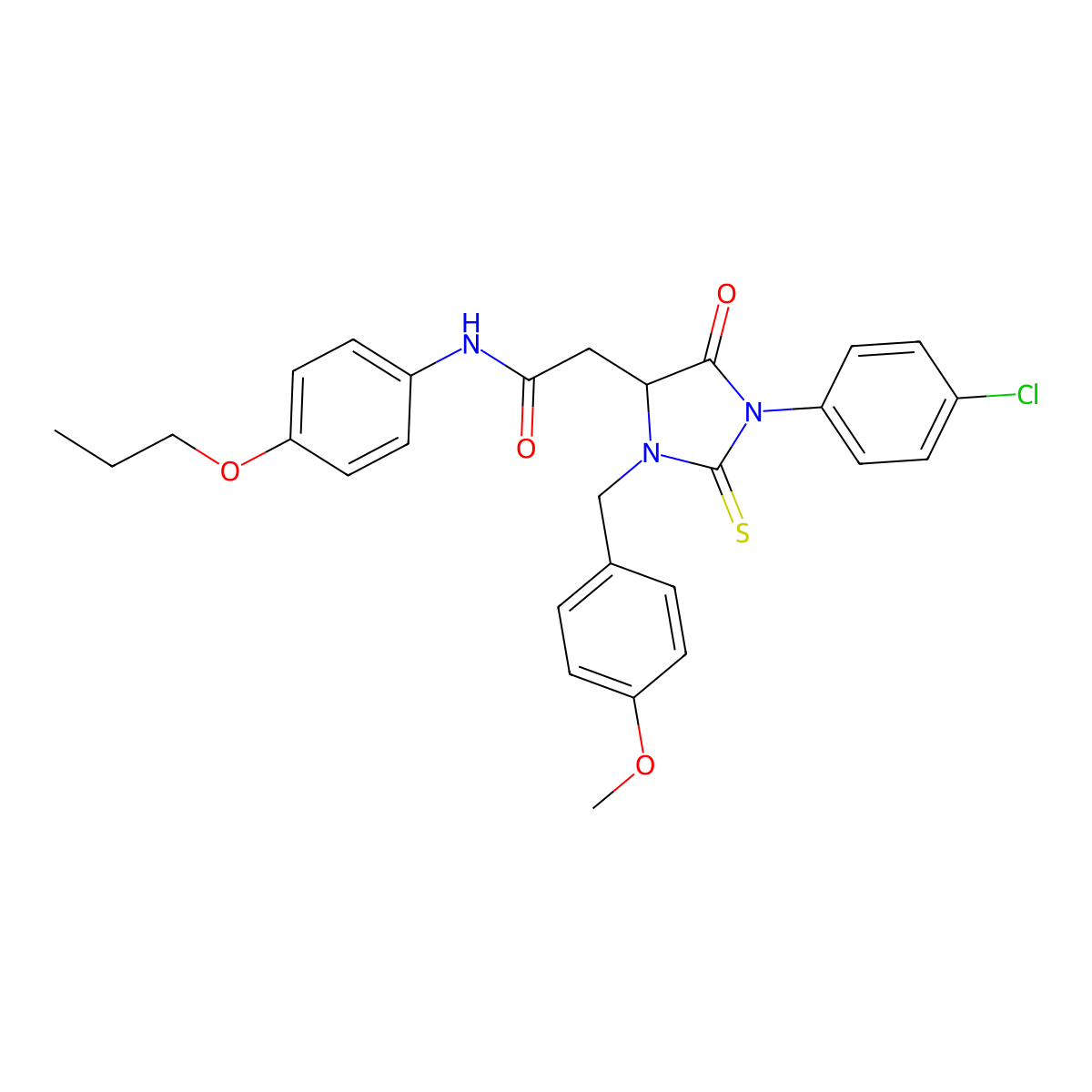 2-[1-(4-chlorophenyl)-3-(4-methoxybenzyl)-5-oxo-2-thioxoimidazolidin-4-yl]-N-(4-propoxyphenyl)acetamide molecular structure, CAS 1024593-88-1