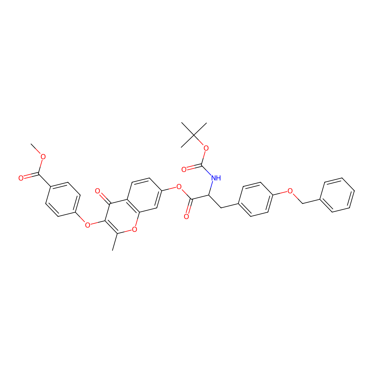 methyl 4-[2-methyl-7-[(2S)-2-[(2-methylpropan-2-yl)oxycarbonylamino]-3-(4-phenylmethoxyphenyl)propanoyl]oxy-4-oxochromen-3-yl]oxybenzoate molecular structure, CAS 1024597-39-4