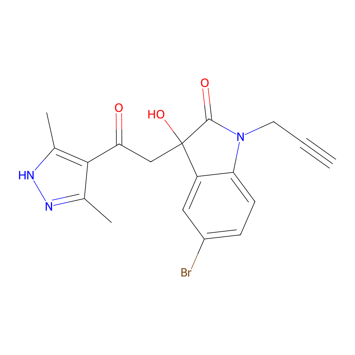 5-bromo-3-[2-(3,5-dimethyl-1H-pyrazol-4-yl)-2-oxoethyl]-3-hydroxy-1-prop-2-ynylindol-2-one molecular structure, CAS 1024680-94-1