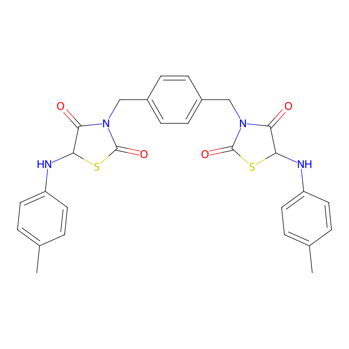 3,3'-(Benzene-1,4-diyldimethanediyl)bis{5-[(4-methylphenyl)amino]-1,3-thiazolidine-2,4-dione} molecular structure, CAS 1024734-30-2