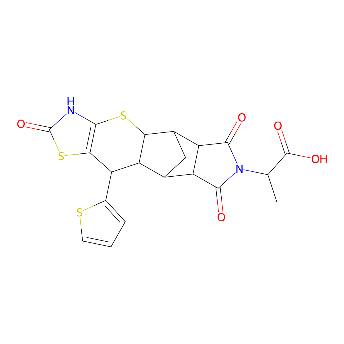 2-((4aR,5R,5aR,8aR,9S)-2,6,8-trioxo-10-(thiophen-2-yl)-2,3,4a,5,5a,6,8a,9,9a,10-decahydro-5,9-methanothiazolo[5',4':5,6]thiopyrano[2,3-f]isoindol-7(8H)-yl)propanoic acid molecular structure, CAS 1025013-52-8