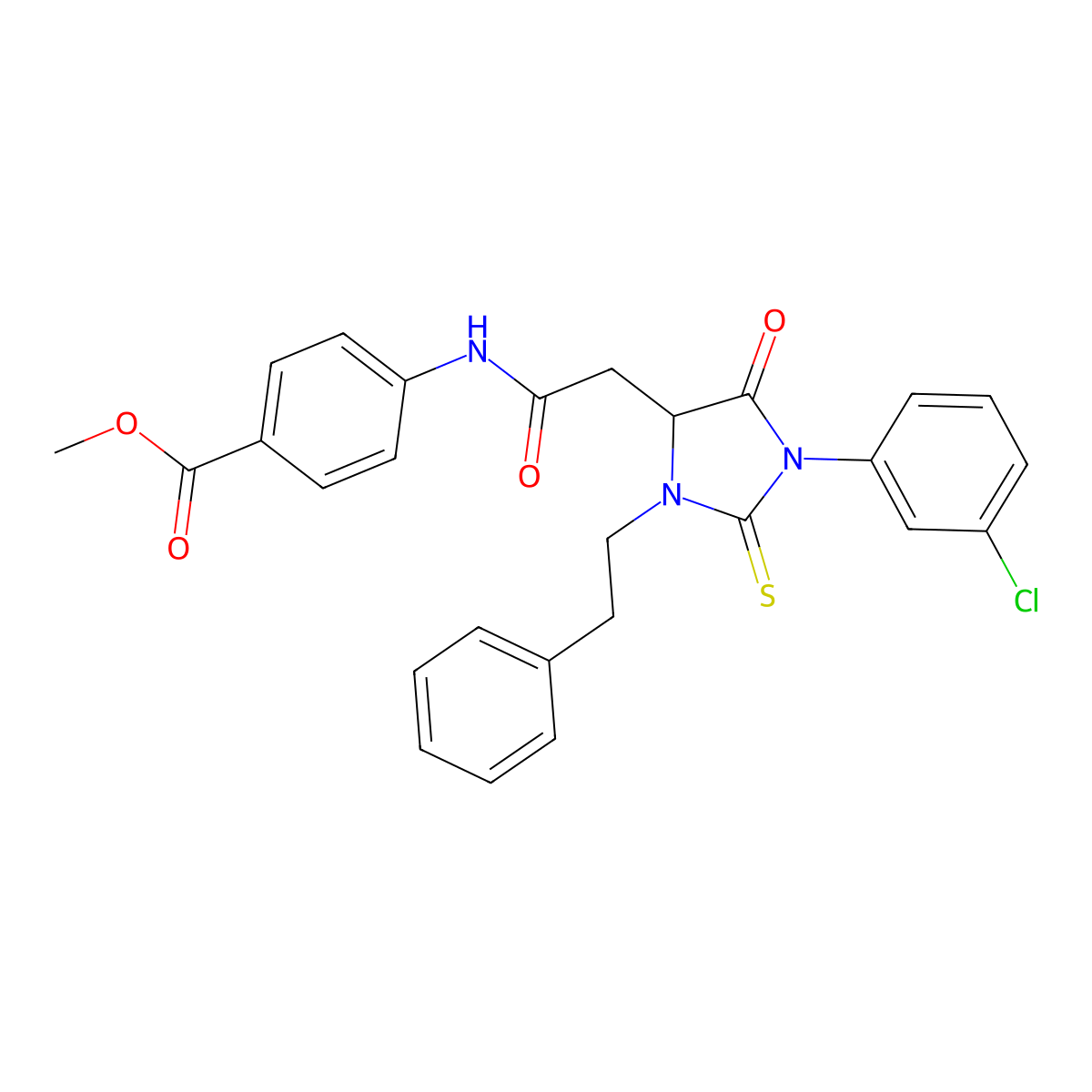 Benzoic acid, 4-((2-(1-(3-chlorophenyl)-5-oxo-3-(2-phenylethyl)-2-thioxo-4-imidazolidinyl)acetyl)amino)-, methyl ester molecular structure, CAS 1025019-45-7