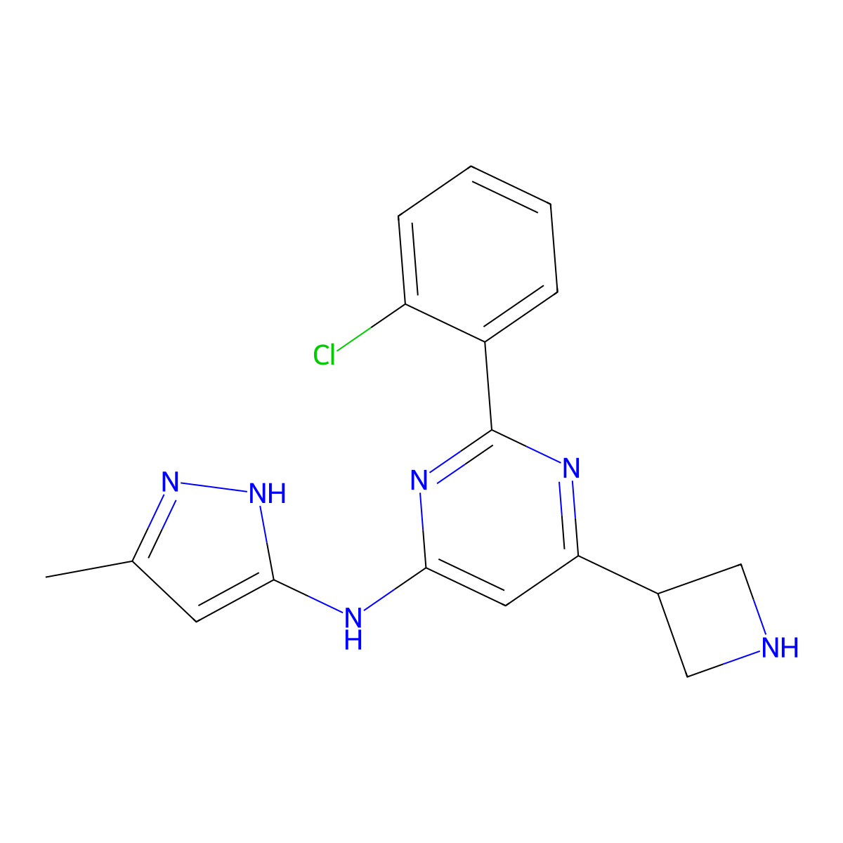 6-azetidin-3-yl-2-(2-chlorophenyl)-N-(5-methyl-1H-pyrazol-3-yl)-pyrimidin-4-amine molecular structure, CAS 1025030-28-7