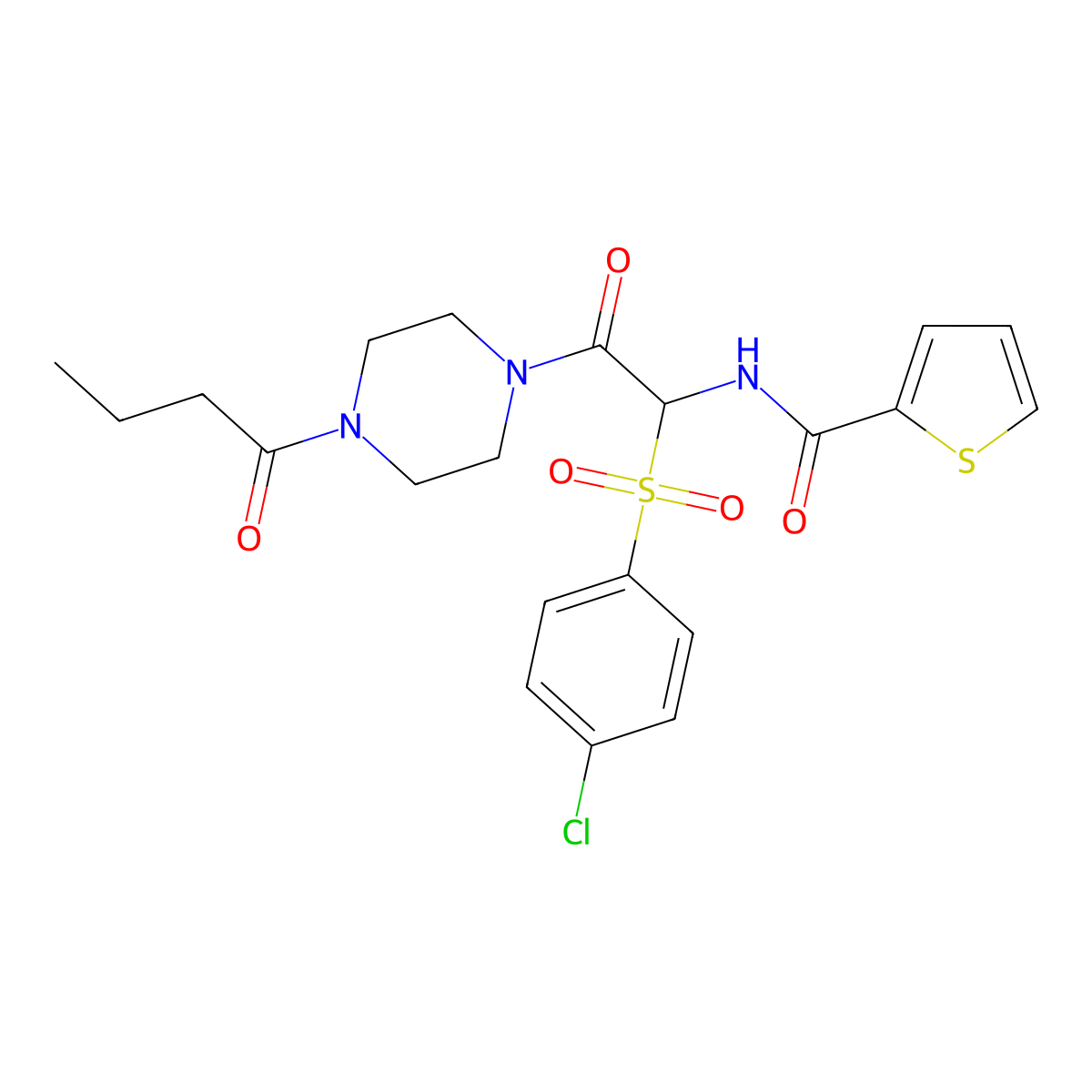 N-(2-(4-butyrylpiperazin-1-yl)-1-((4-chlorophenyl)sulfonyl)-2-oxoethyl)thiophene-2-carboxamide molecular structure, CAS 1025032-46-5
