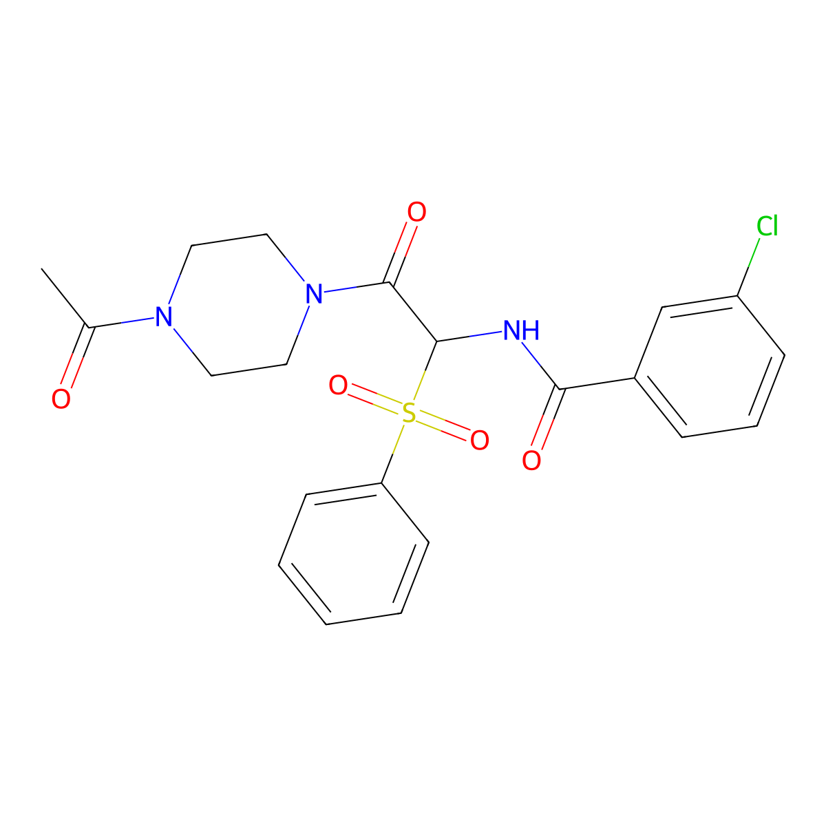 N-[2-(4-acetylpiperazin-1-yl)-1-(benzenesulfonyl)-2-oxoethyl]-3-chlorobenzamide molecular structure, CAS 1025032-85-2