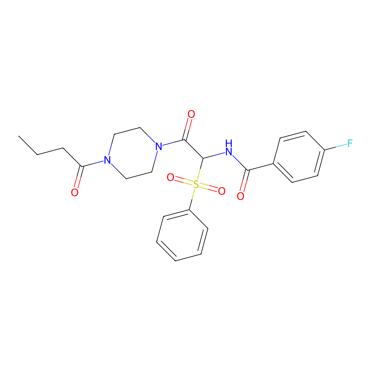 N-[1-(benzenesulfonyl)-2-(4-butanoylpiperazin-1-yl)-2-oxoethyl]-4-fluorobenzamide molecular structure, CAS 1025032-87-4