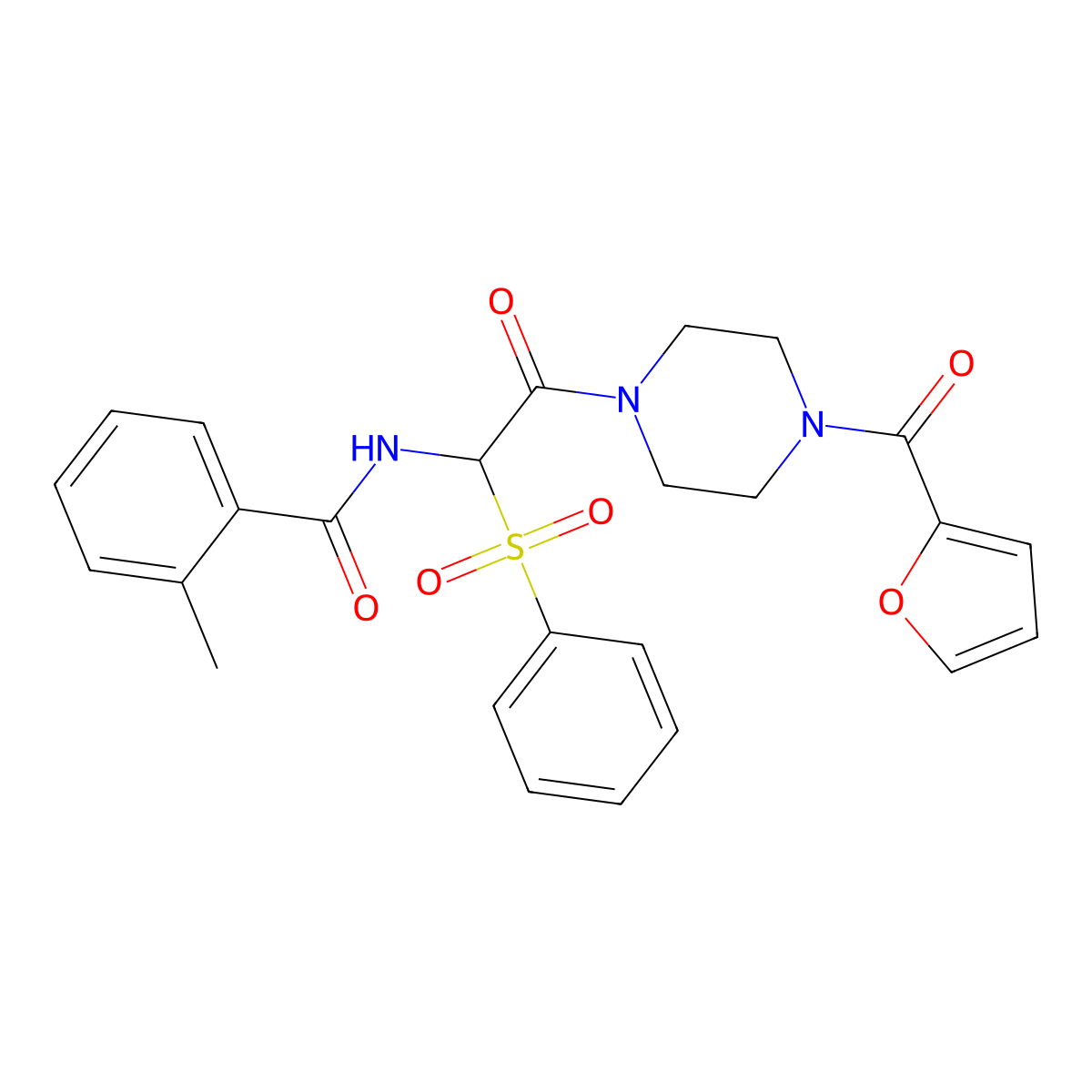 N-[1-(benzenesulfonyl)-2-[4-(furan-2-carbonyl)piperazin-1-yl]-2-oxoethyl]-2-methylbenzamide molecular structure, CAS 1025032-91-0