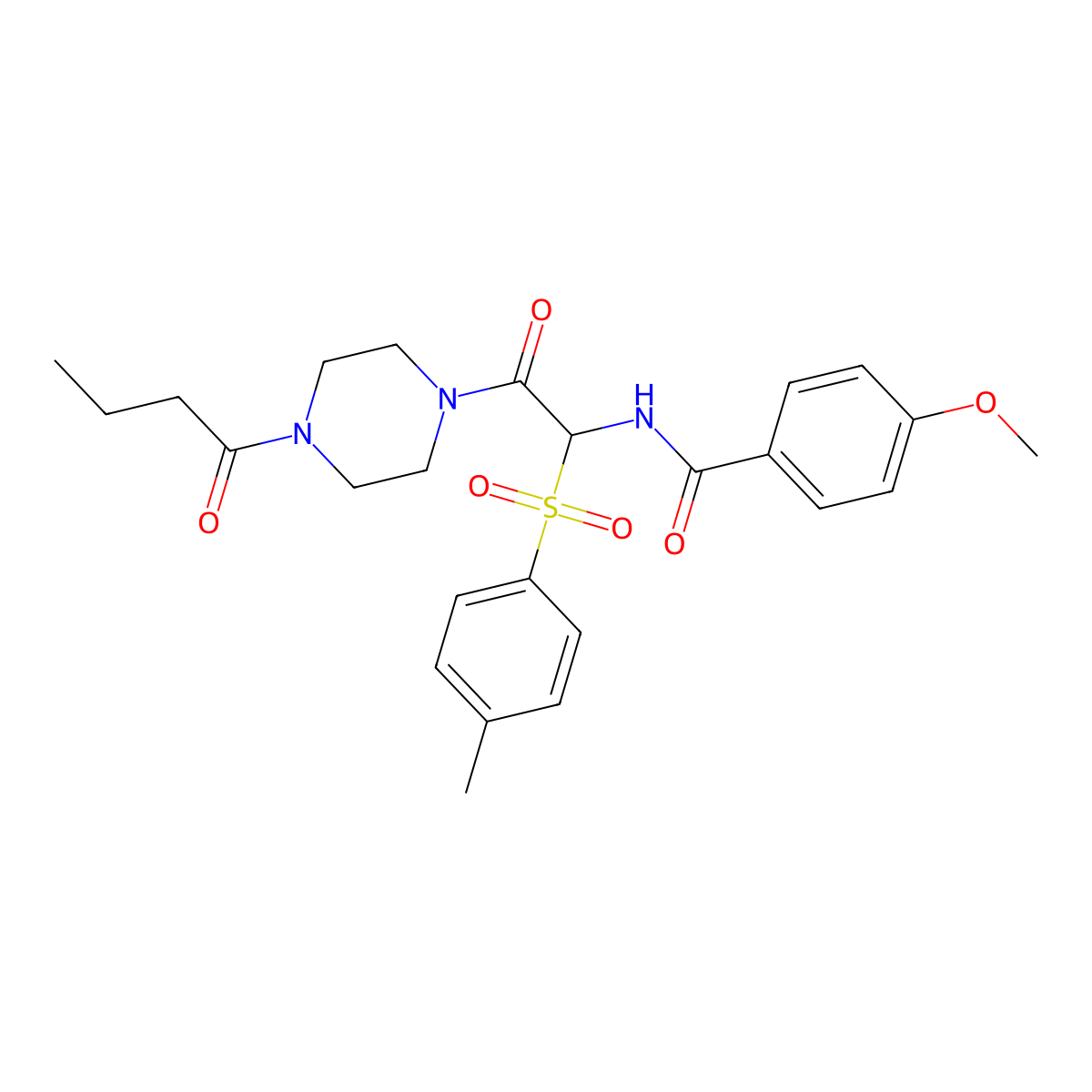 N-(2-(4-butyrylpiperazin-1-yl)-2-oxo-1-tosylethyl)-4-methoxybenzamide molecular structure, CAS 1025033-10-6