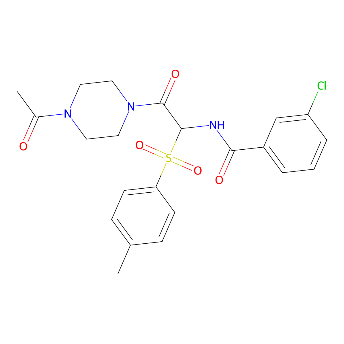 N-(2-(4-acetylpiperazin-1-yl)-2-oxo-1-tosylethyl)-3-chlorobenzamide molecular structure, CAS 1025033-27-5