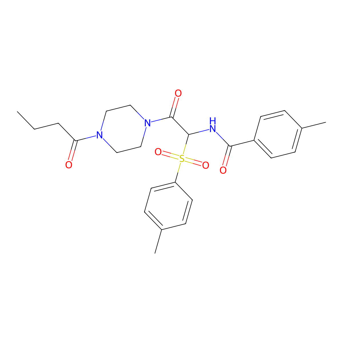 N-(2-(4-butyrylpiperazin-1-yl)-2-oxo-1-tosylethyl)-4-methylbenzamide molecular structure, CAS 1025033-60-6