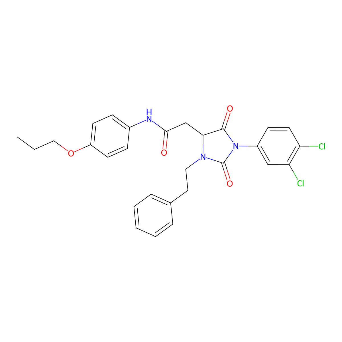 2-[1-(3,4-dichlorophenyl)-2,5-dioxo-3-(2-phenylethyl)imidazolidin-4-yl]-N-(4-propoxyphenyl)acetamide molecular structure, CAS 1025063-41-5