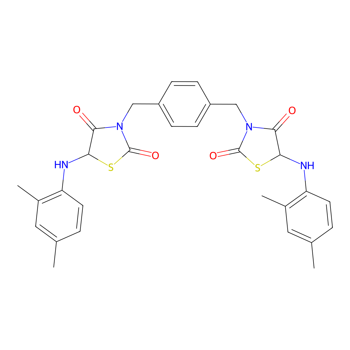 2,4-Thiazolidinedione, 3,3'-[(1,4-phenylene)bis(methylene)]bis[5-[(2,4-dimethylphenyl)amino]- molecular structure, CAS 1025087-76-6