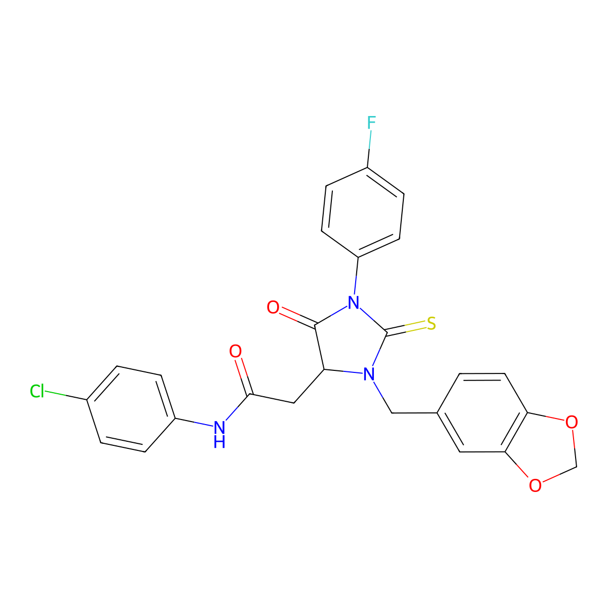 2-[3-(1,3-benzodioxol-5-ylmethyl)-1-(4-fluorophenyl)-5-oxo-2-thioxoimidazolidin-4-yl]-N-(4-chlorophenyl)acetamide molecular structure, CAS 1025099-97-1