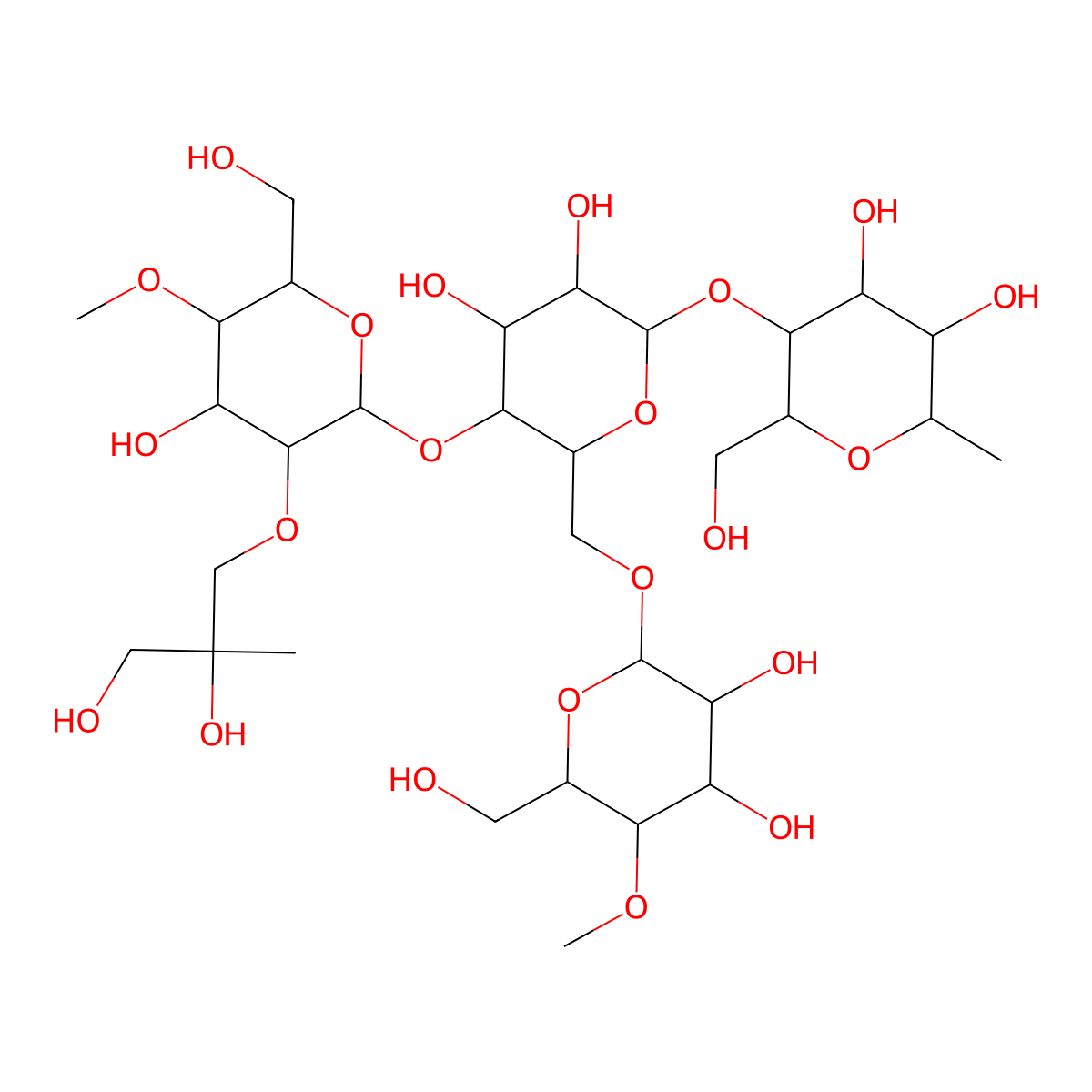 2-O-(2,3-Dihydroxy-2-methylpropyl)-4-O-methylhexopyranosyl-(1->4)-(4-O-methylhexopyranosyl-(1->6))hexopyranosyl-(1->5)-2,6-anhydro-1-deoxyheptitol molecular structure, CAS 102511-23-9