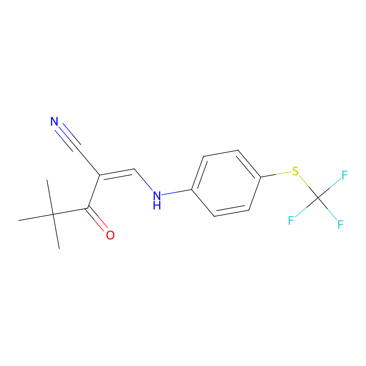 4,4-Dimethyl-3-oxo-2-[[4-(trifluoromethylsulfanyl)anilino]methylidene]pentanenitrile molecular structure, CAS 1025223-71-5