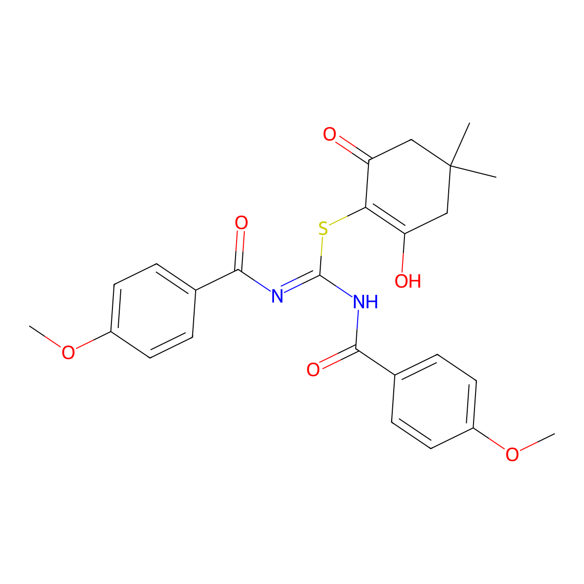 (2-hydroxy-4,4-dimethyl-6-oxocyclohexen-1-yl) N,N'-bis(4-methoxybenzoyl)carbamimidothioate molecular structure, CAS 1025248-30-9